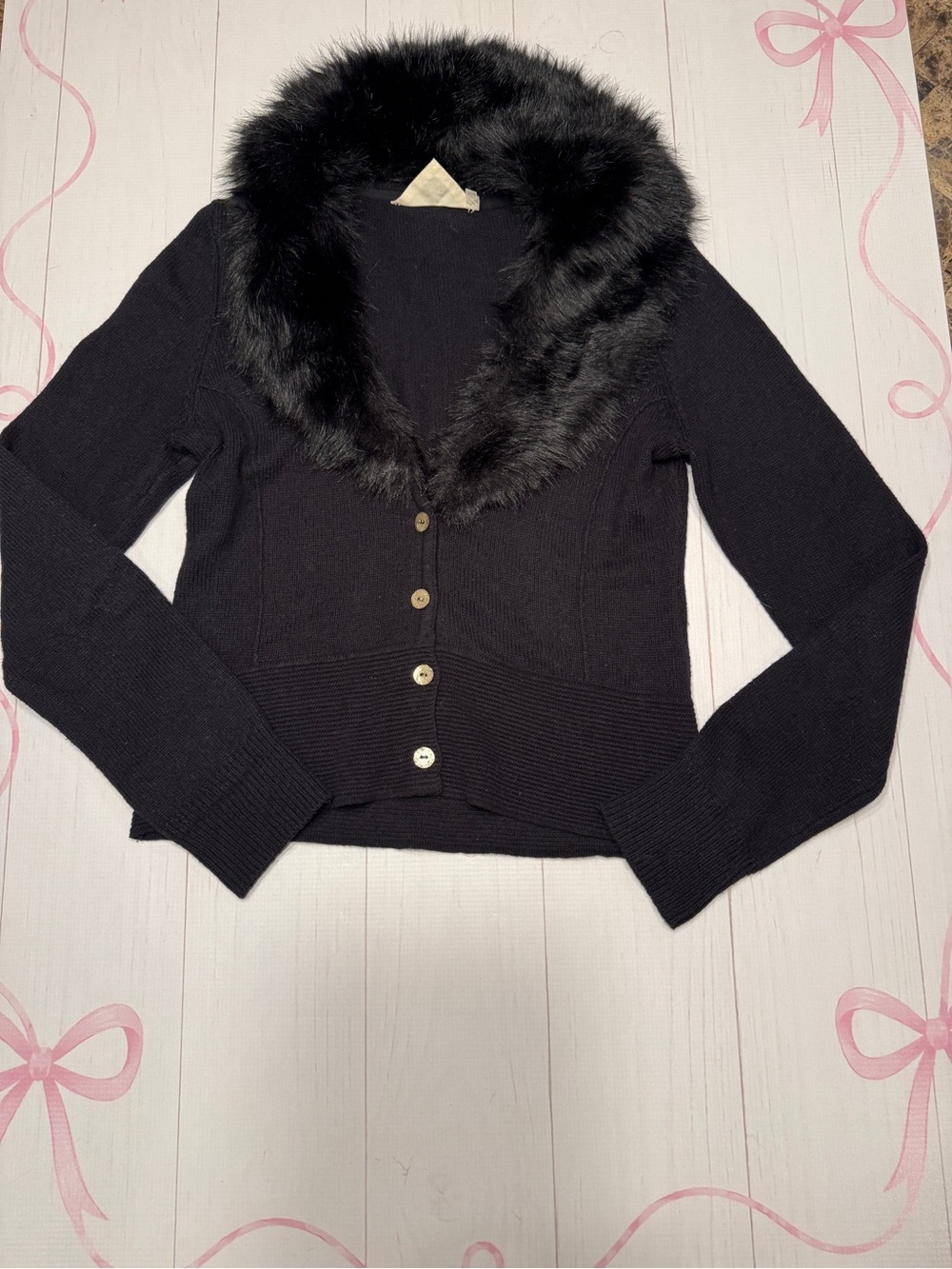 Vintage Anthropologie HWR Vedette Faux Fur Collar Cardigan